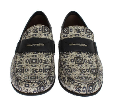 Beige Blue Leather Loafers Shoes
