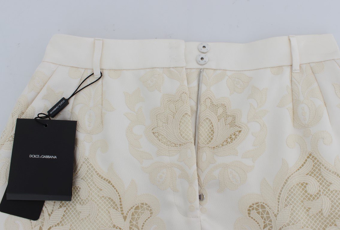 White Beige Lace Silk Blend Shorts