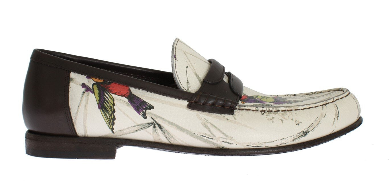 Beige Brown Leather Bird Print Loafers