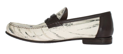 Beige Brown Leather Bird Print Loafers