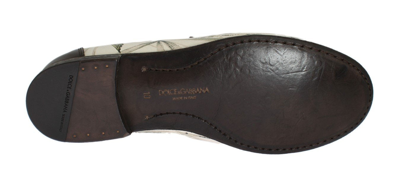 Beige Brown Leather Bird Print Loafers