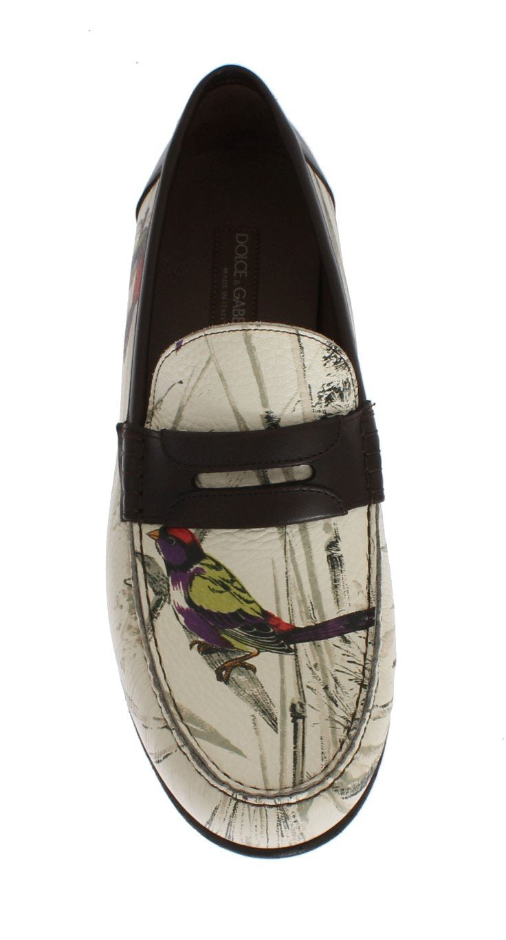 Beige Brown Leather Bird Print Loafers