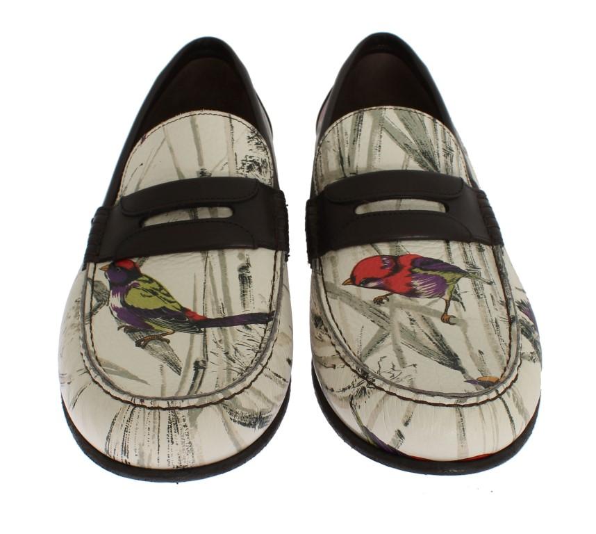 Beige Brown Leather Bird Print Loafers