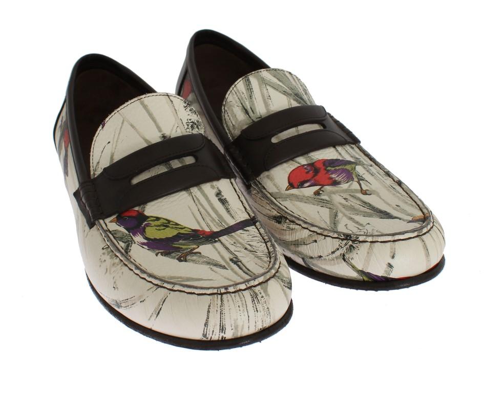 Beige Brown Leather Bird Print Loafers