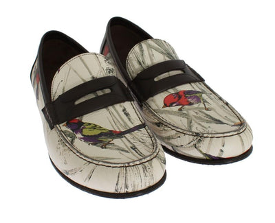 Beige Brown Leather Bird Print Loafers