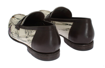 Beige Brown Leather Bird Print Loafers