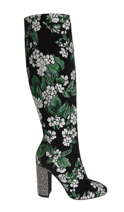 Black Jacquard Crystal Floral Boots