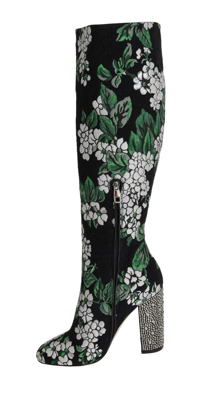 Black Jacquard Crystal Floral Boots