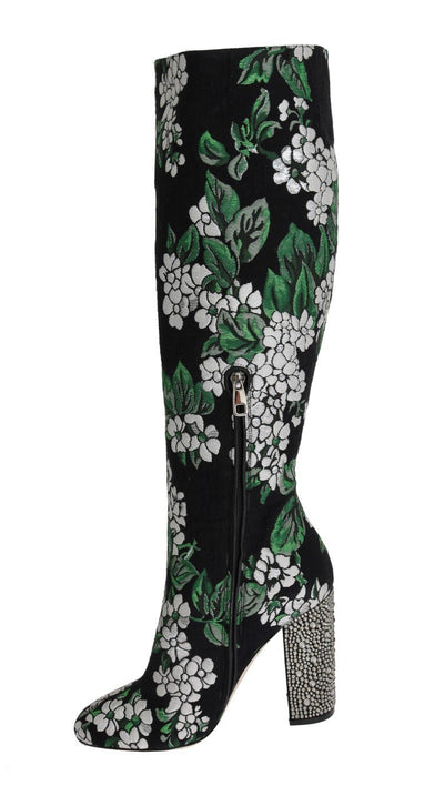Black Jacquard Crystal Floral Boots