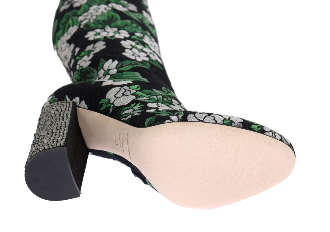 Black Jacquard Crystal Floral Boots