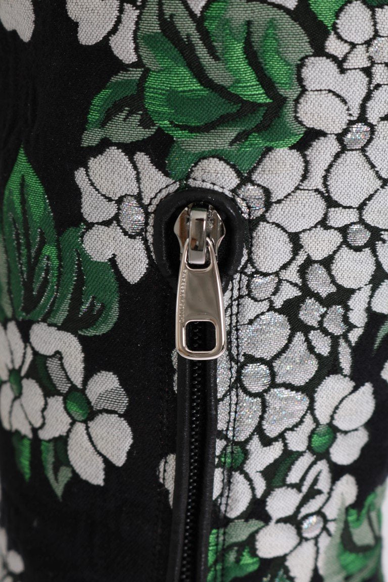 Black Jacquard Crystal Floral Boots
