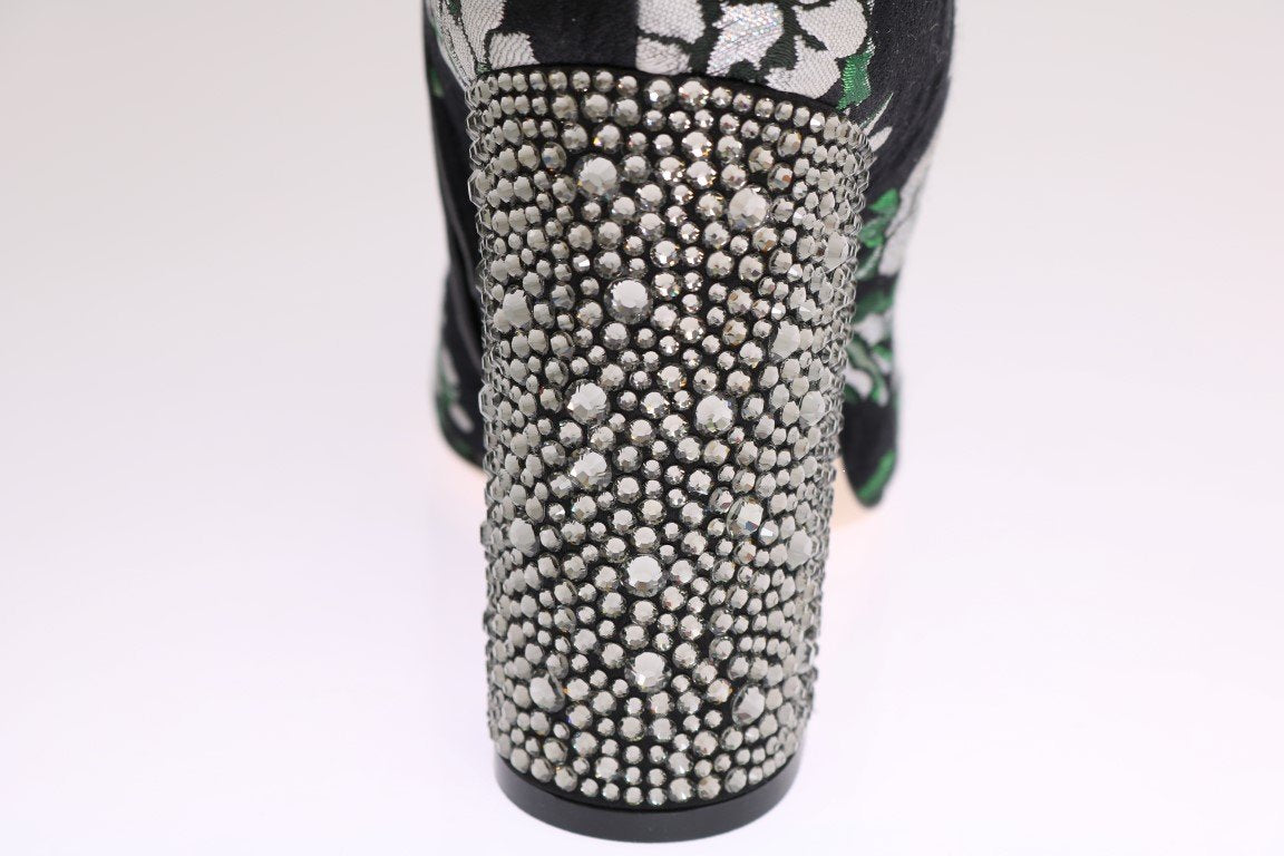 Black Jacquard Crystal Floral Boots