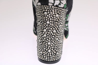 Black Jacquard Crystal Floral Boots