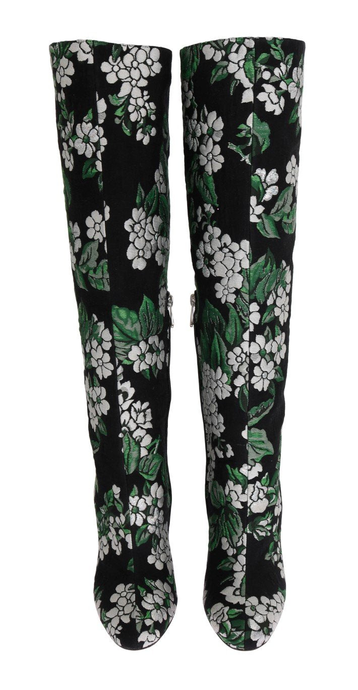 Black Jacquard Crystal Floral Boots