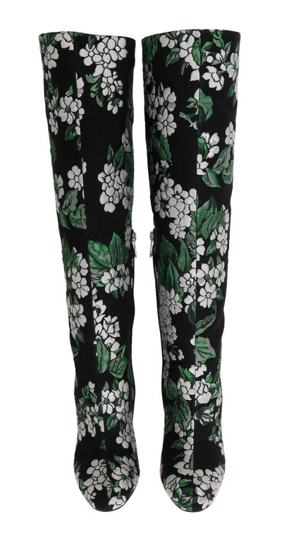 Black Jacquard Crystal Floral Boots