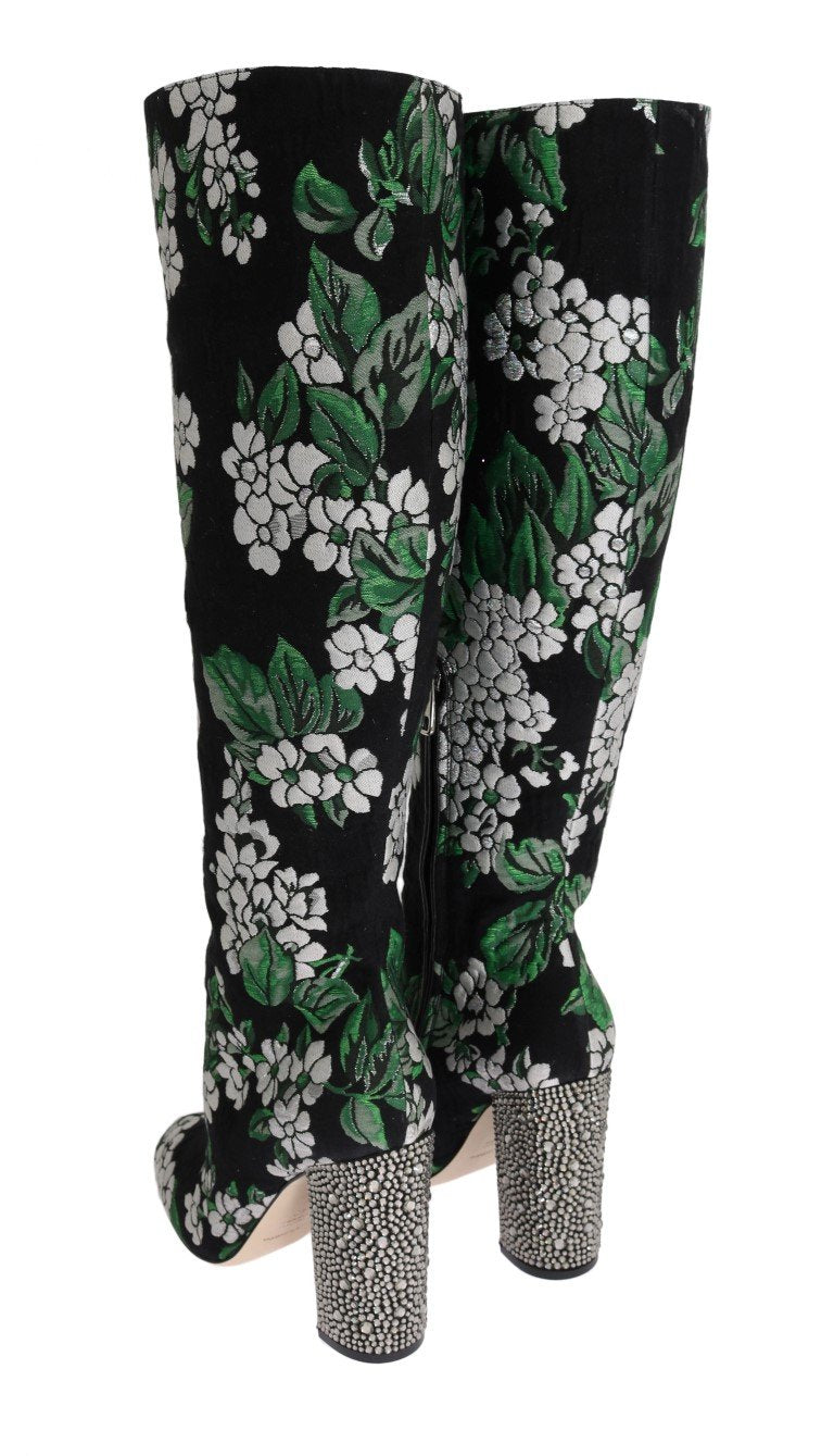 Black Jacquard Crystal Floral Boots