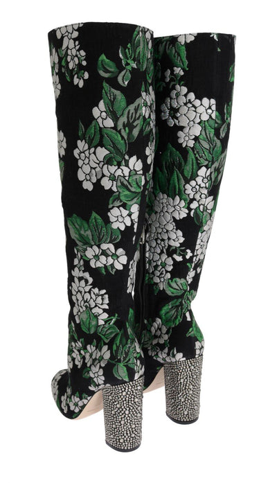 Black Jacquard Crystal Floral Boots