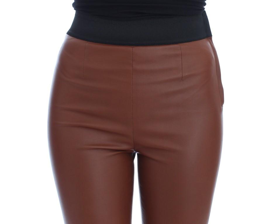 Brown Leather Stretch Slim Fit Pants