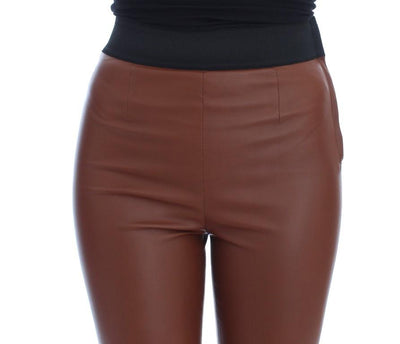 Brown Leather Stretch Slim Fit Pants
