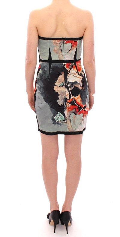 Multicolor Strapless Silk Floral Bubble Mini Shift Dress