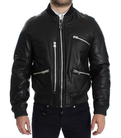 Black Lamb Skin Leather Bomber Jacket