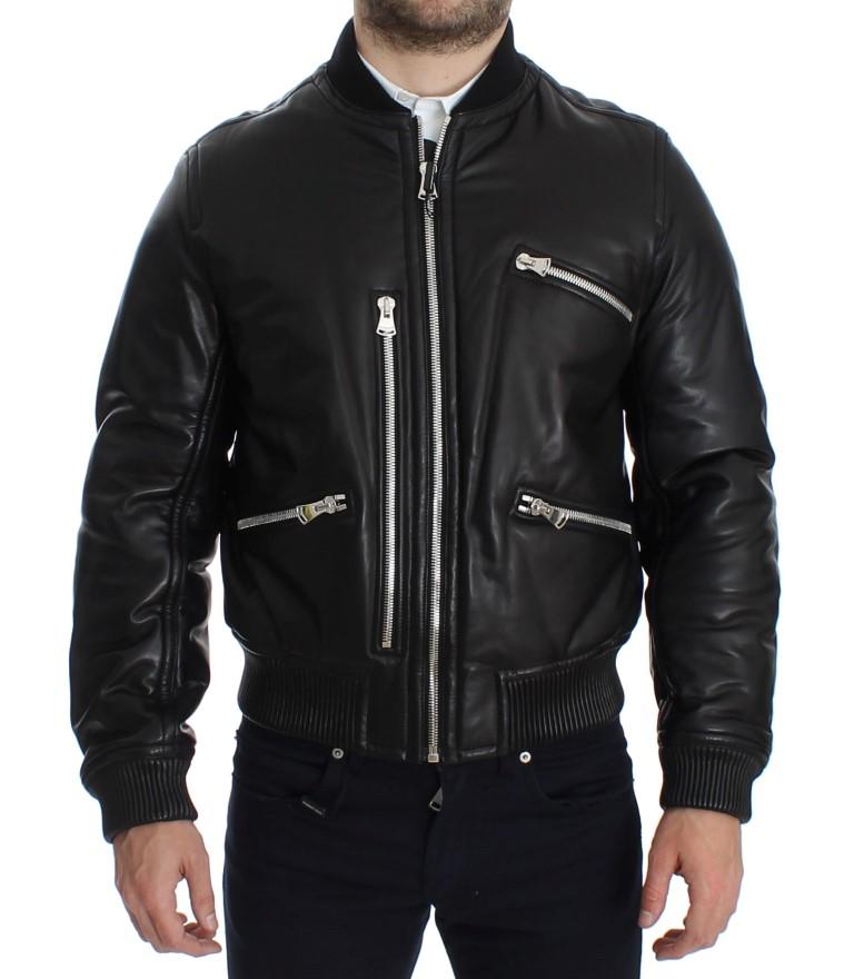 Black Lamb Skin Leather Bomber Jacket
