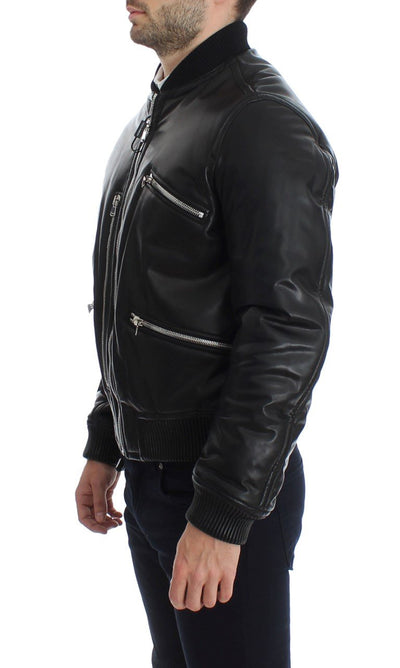 Black Lamb Skin Leather Bomber Jacket