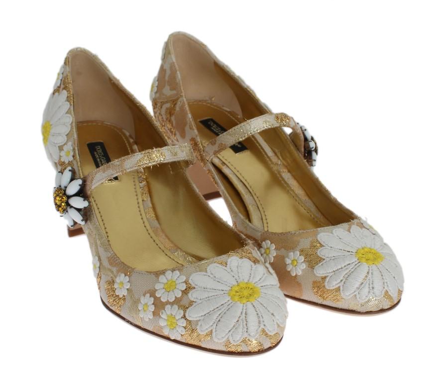 Gold Floral Brocade Crystal Pumps