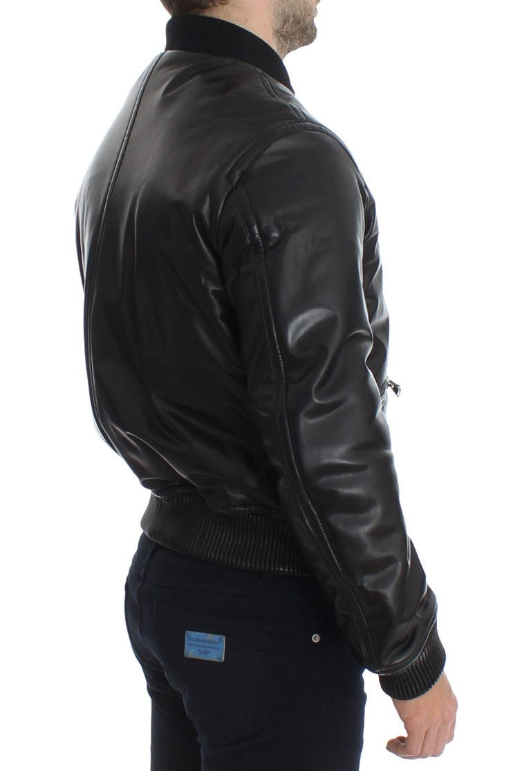 Black Lamb Skin Leather Bomber Jacket