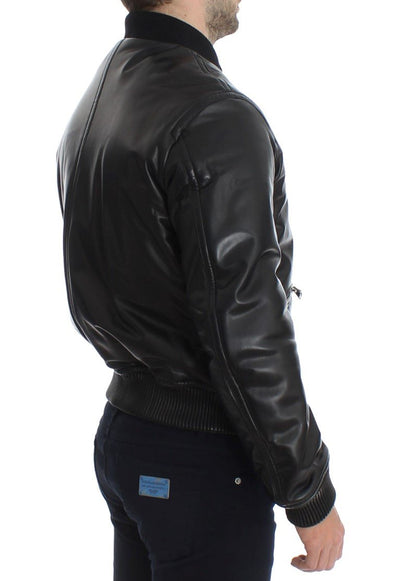 Black Lamb Skin Leather Bomber Jacket