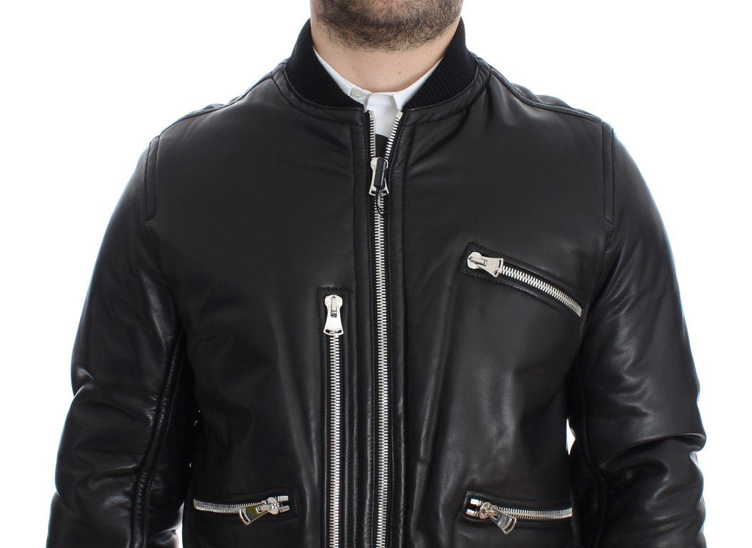 Black Lamb Skin Leather Bomber Jacket