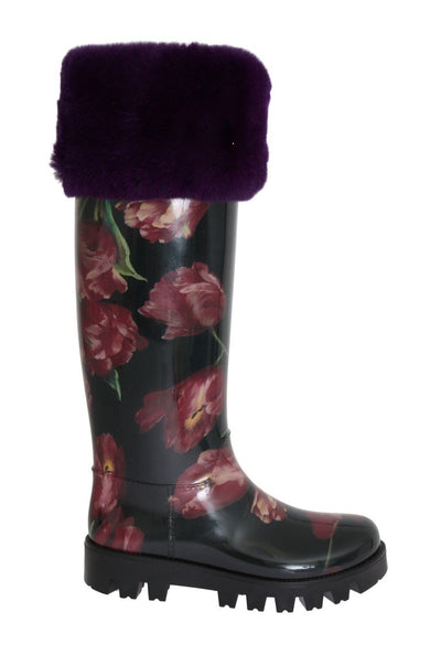 Purple Tulip Print Fur Rubber Rain Boots