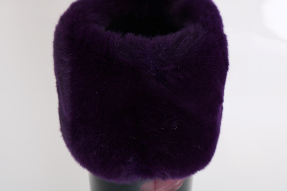 Purple Tulip Print Fur Rubber Rain Boots