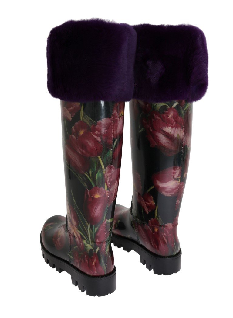 Purple Tulip Print Fur Rubber Rain Boots