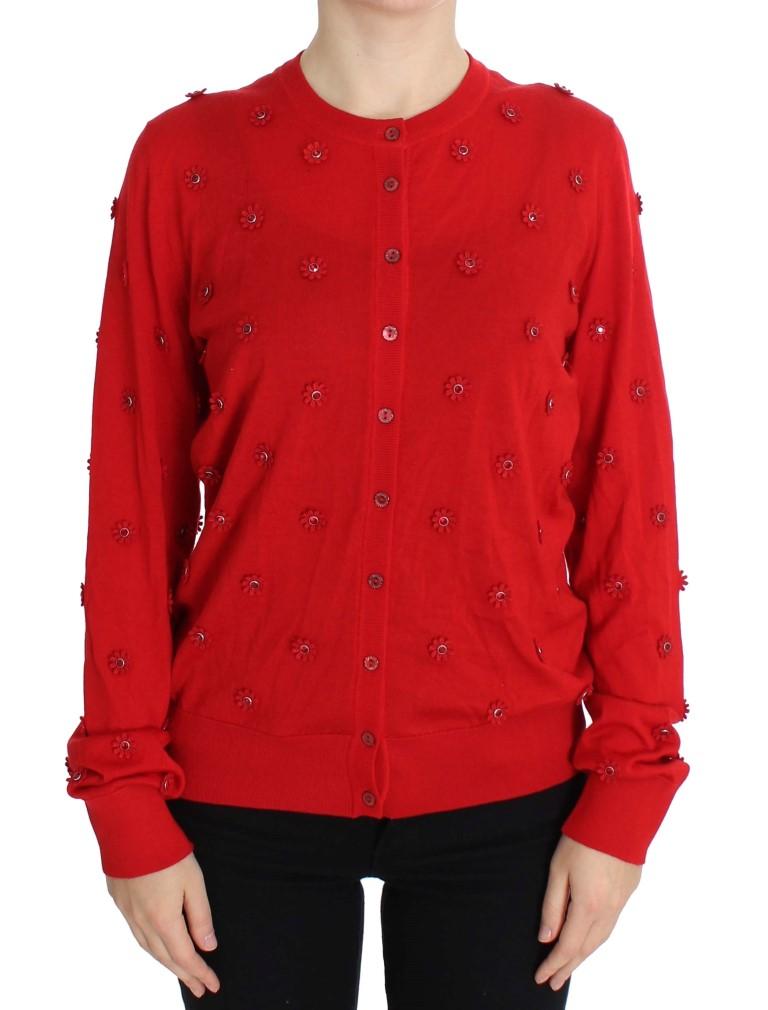 Red Silk Cashmere Crystal Cardigan Sweater