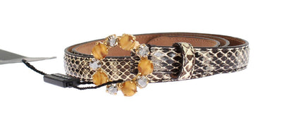 Beige Snakeskin Crystal Gold Buckle Belt