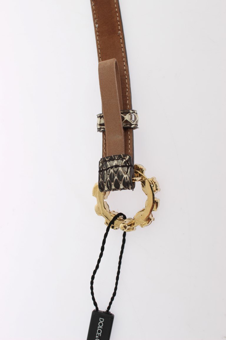 Beige Snakeskin Crystal Gold Buckle Belt
