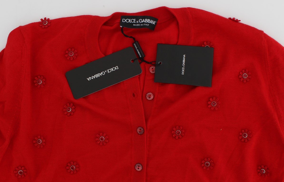 Red Silk Cashmere Crystal Cardigan Sweater