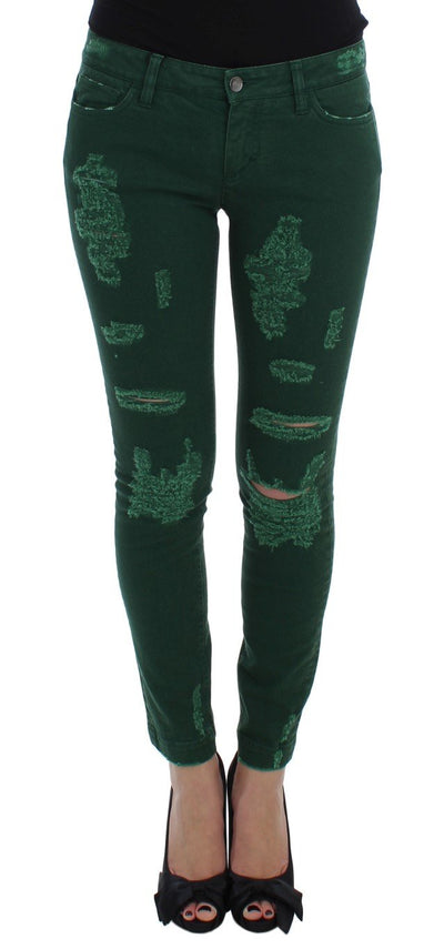 Green Torn Cotton Stretch Slim Fit Jeans