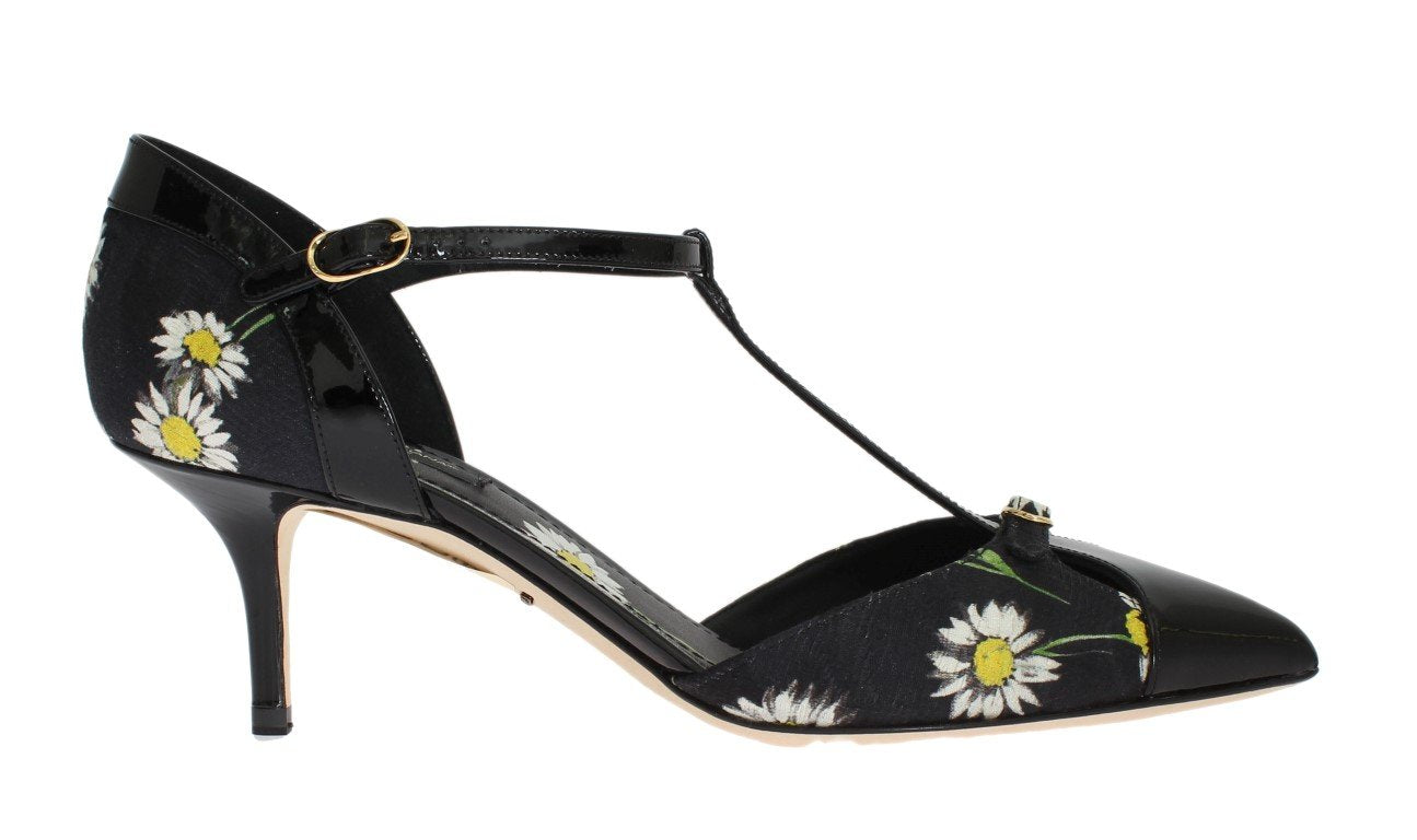 Black Leather Floral Brocade Pumps