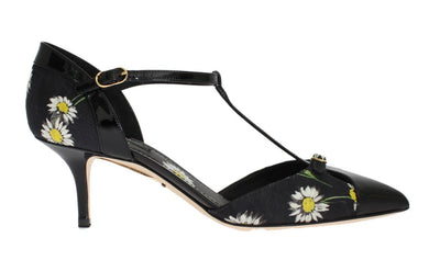 Black Leather Floral Brocade Pumps