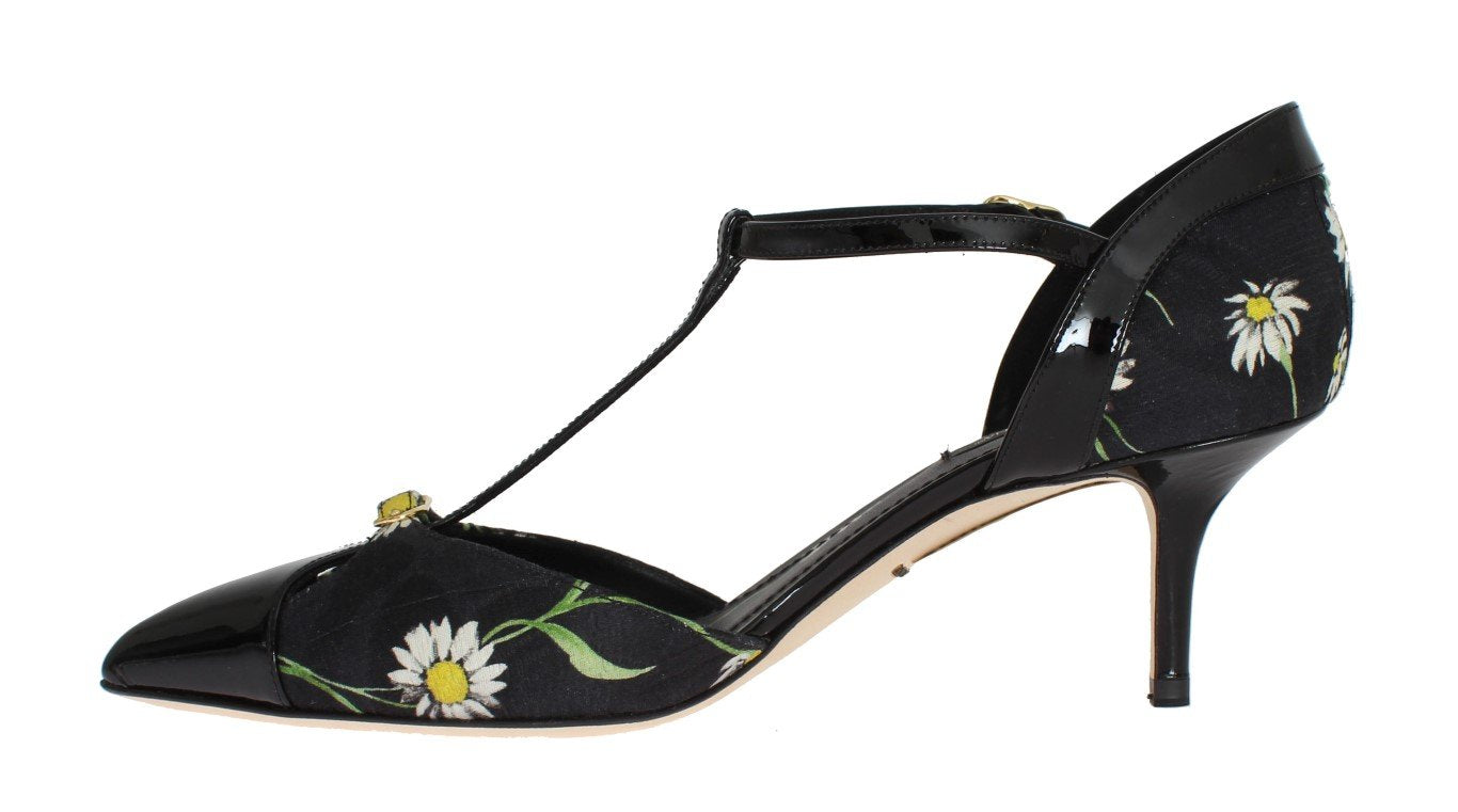 Black Leather Floral Brocade Pumps