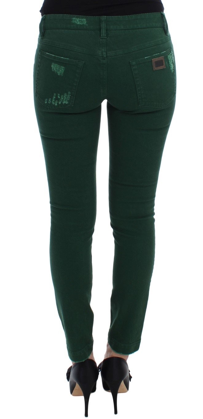 Green Torn Cotton Stretch Slim Fit Jeans