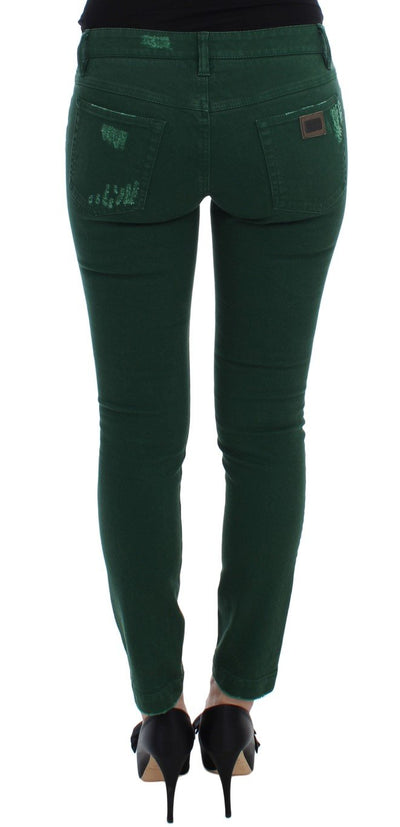 Green Torn Cotton Stretch Slim Fit Jeans