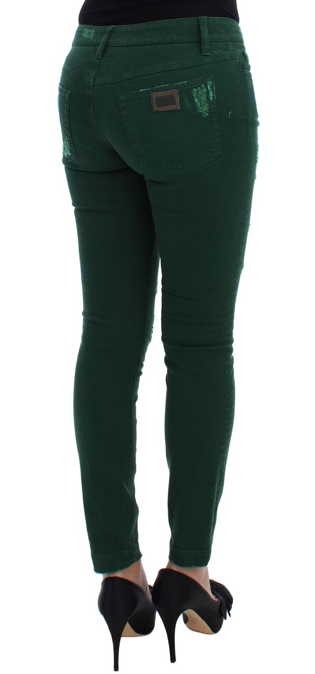 Green Torn Cotton Stretch Slim Fit Jeans