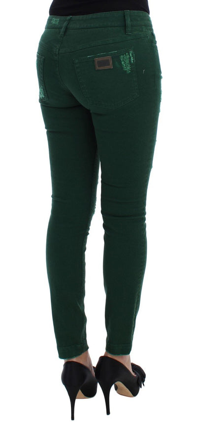 Green Torn Cotton Stretch Slim Fit Jeans