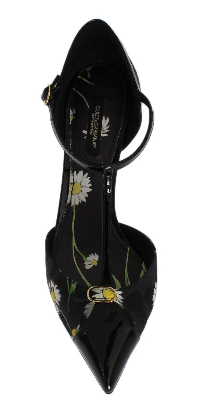 Black Leather Floral Brocade Pumps