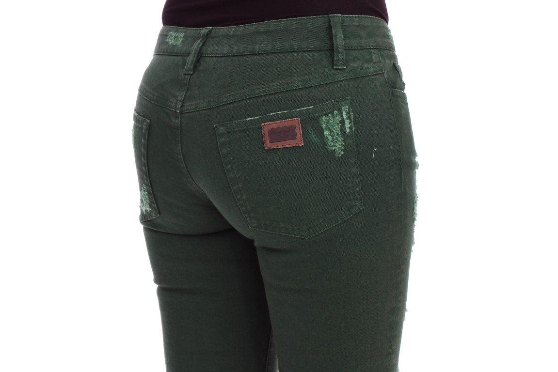 Green Torn Cotton Stretch Slim Fit Jeans