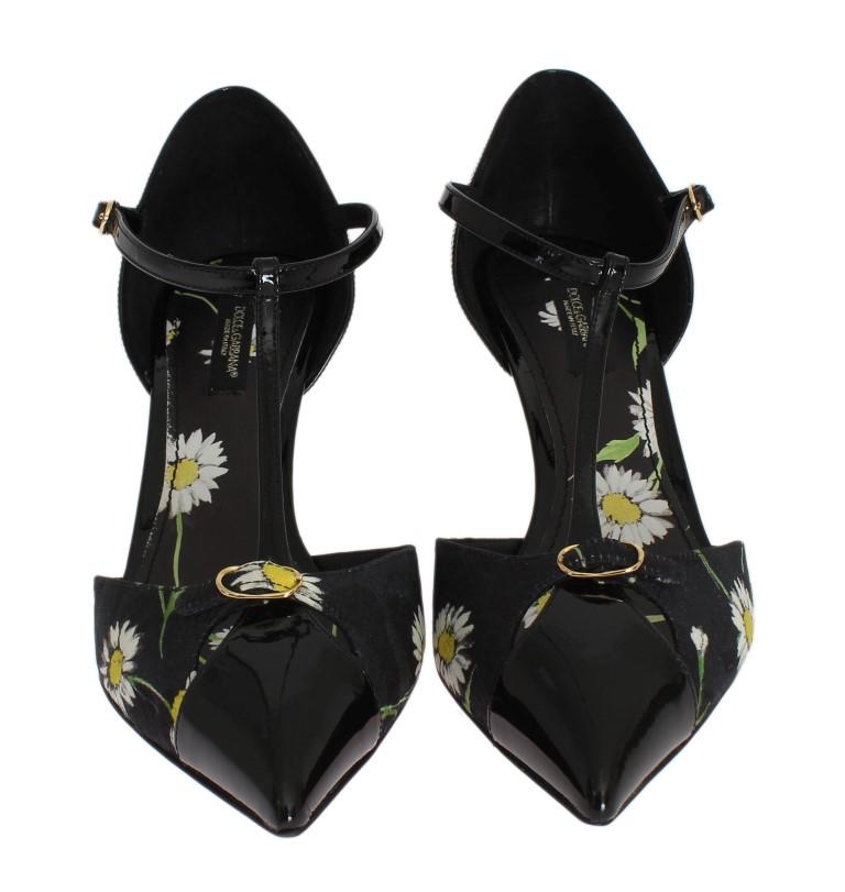 Black Leather Floral Brocade Pumps