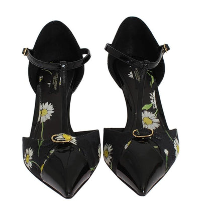 Black Leather Floral Brocade Pumps